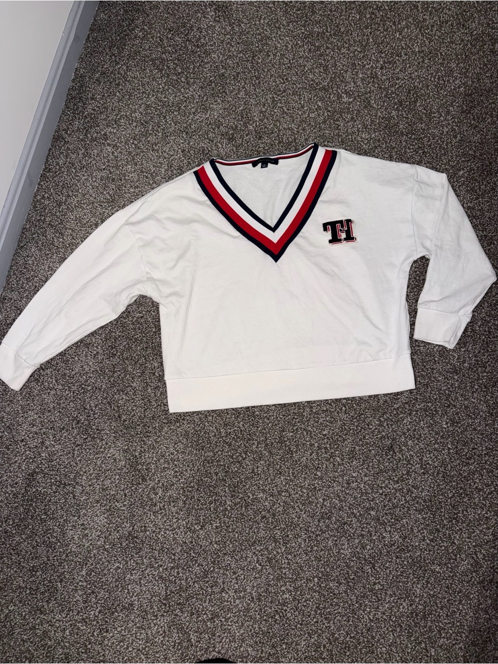 Tommy Hilfiger White Sweater with Red & Navy Stripe Trim